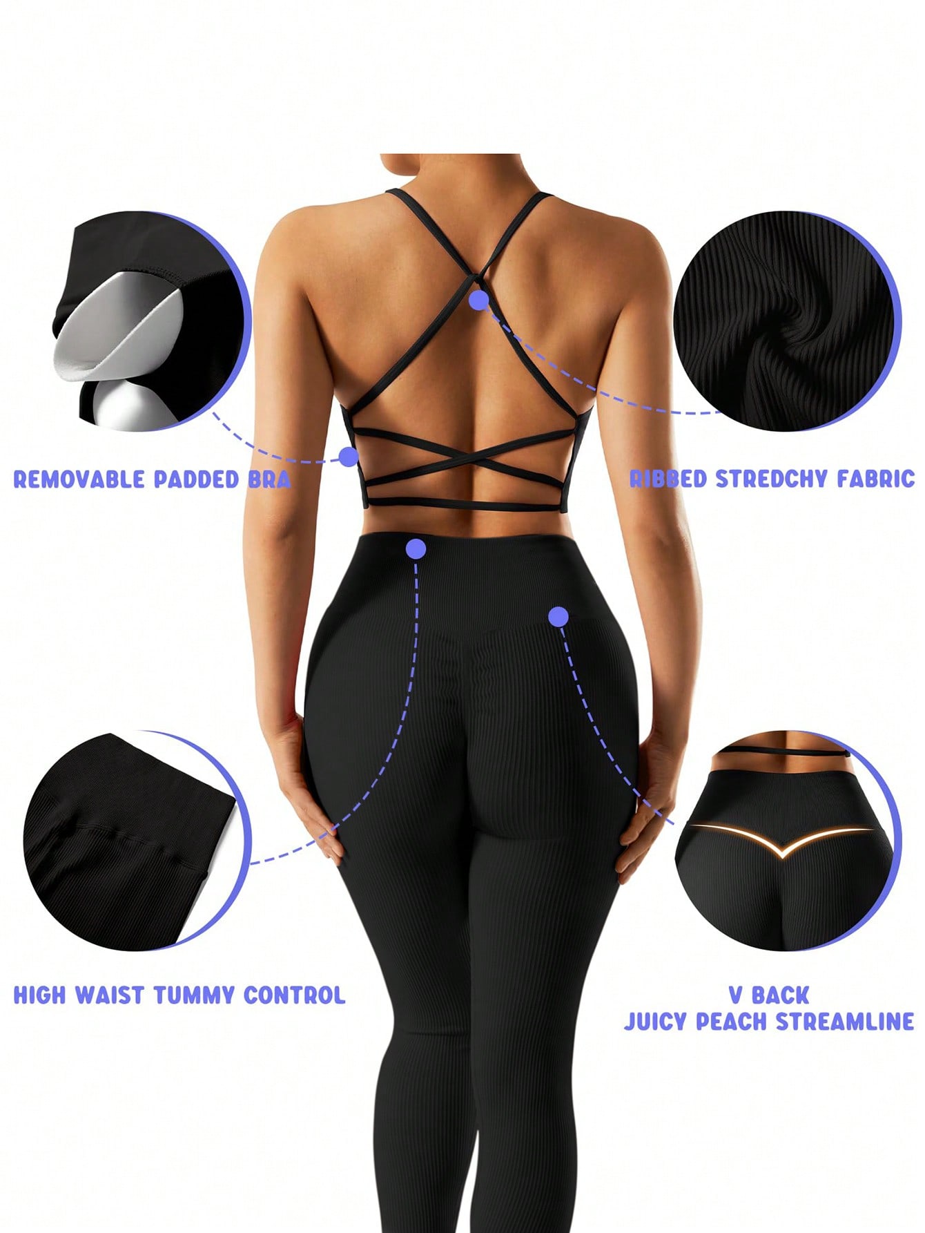 Conjunto acanalado negro con frunce-Tam M (equiv talle único) - Imagen 4