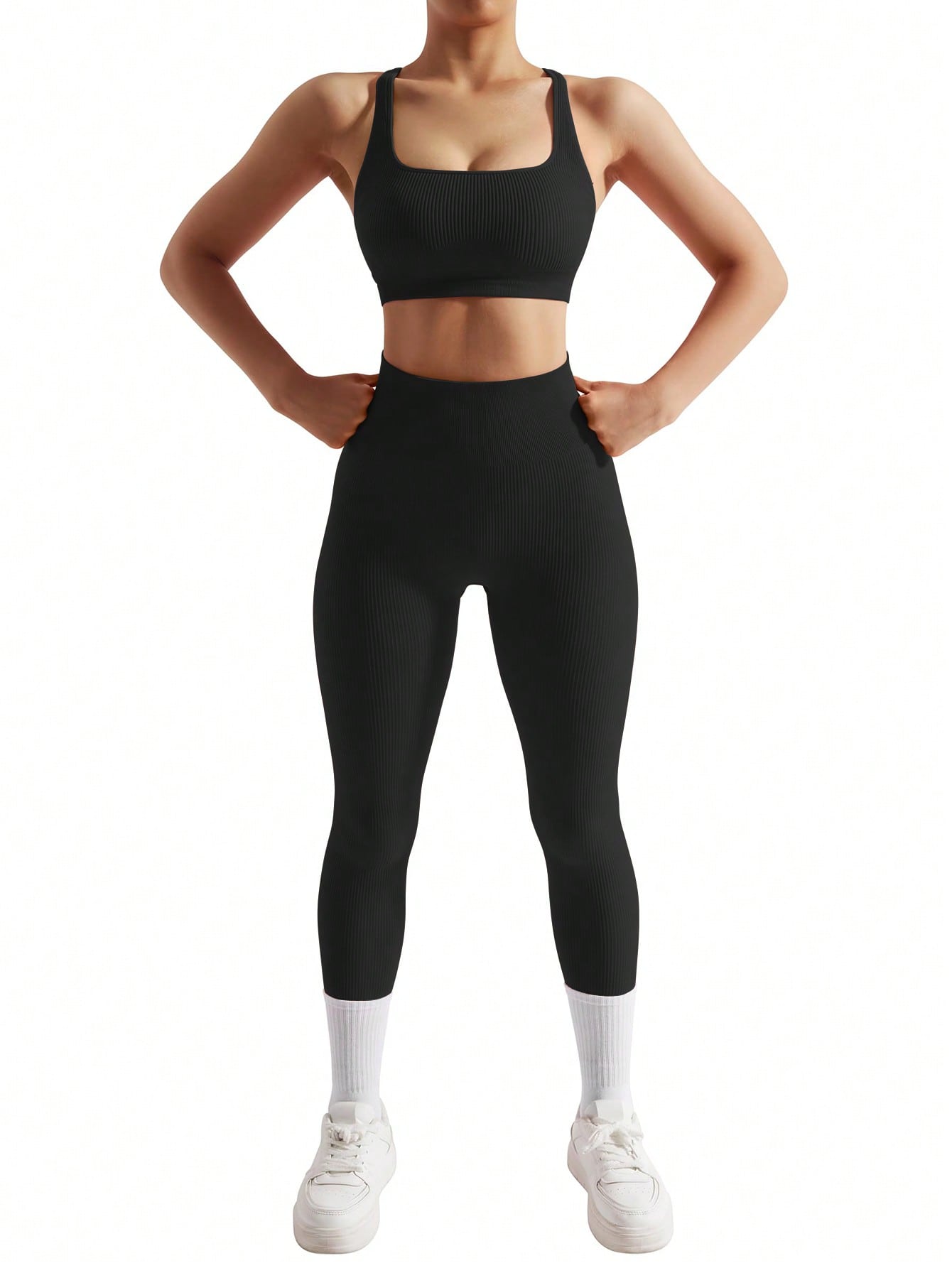 Conjunto acanalado negro con frunce-Tam M (equiv talle único) - Imagen 2